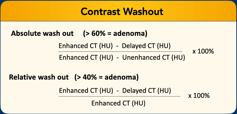 A region of interest (ROI) is placed encompassing at least 2/3 of the lesion (taking care to bypass areas with obvious haemorrhage, necrosis or calcifications). The density is measured during noncontrast, venous (60-90 sec) and delayed (15 min) phase, and washout calculated using the equation shown.